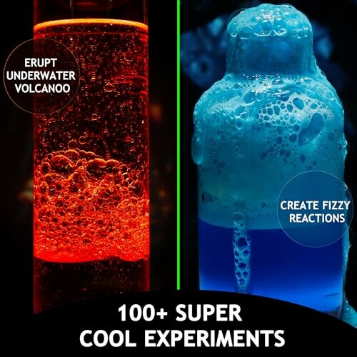 Two science experiments showing an underwater volcano effect and a fizzy reaction.