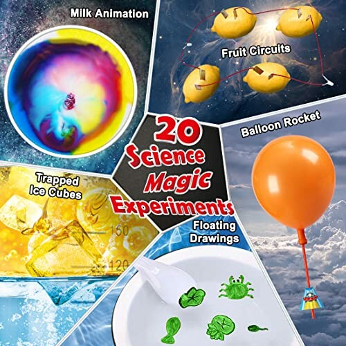 Collage of five colorful science experiments including milk animation, fruit circuits, balloon rocket, trapped ice cubes, and floating drawings.