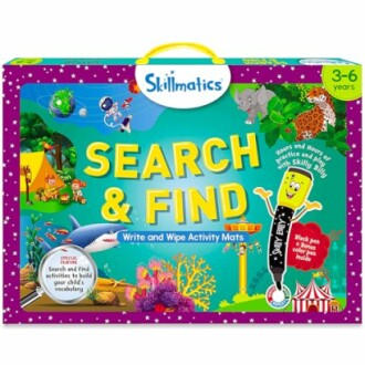 Skillmatics Search & Find Write and Wipe Activity Mats for ages 3-6 with various animals and objects.