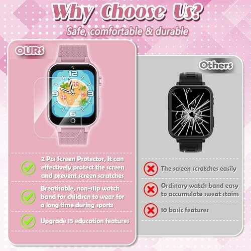 Comparison of smartwatches highlighting screen protection and features.