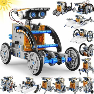Solar-powered robot kit with various assembly designs.