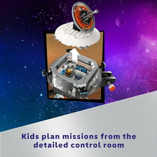 Toy spaceship and control room on a space-themed background.