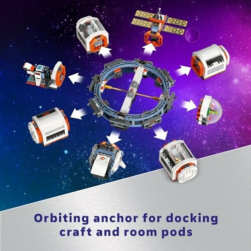 LEGO space station with docking craft and room pods against a starry background.