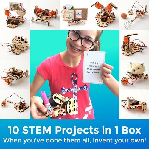 Girl with STEM projects and components for invention.
