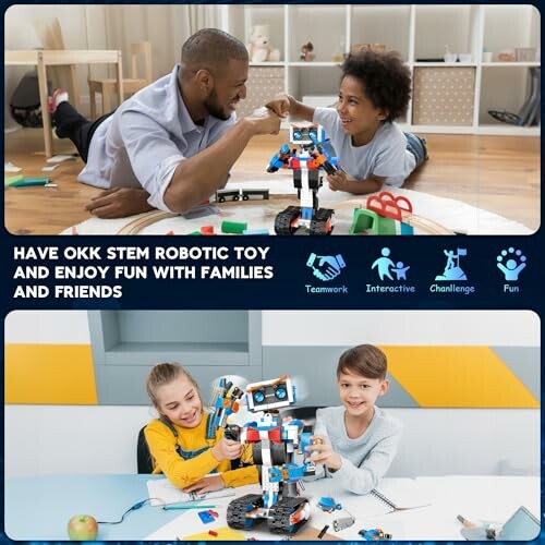 Family and children playing with STEM robotic toy, promoting teamwork and fun.