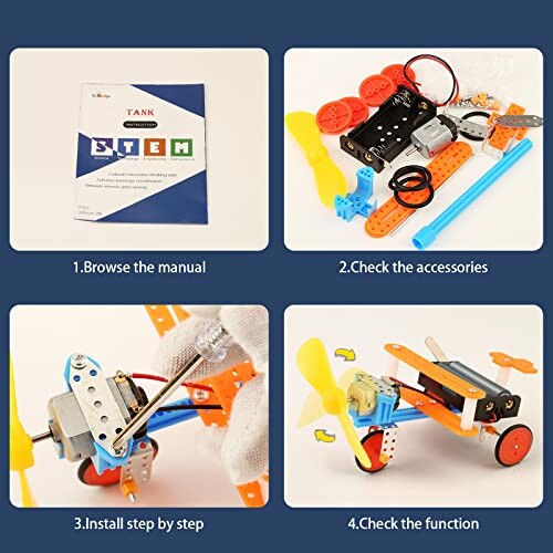 Step-by-step assembly guide for STEM toy with manual, accessories, installation, and function check.