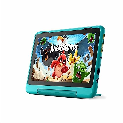 Tablet displaying Angry Birds game on screen.