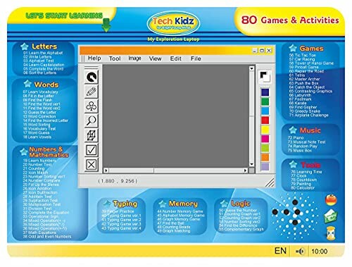 Tech Kidz Explorer toy laptop interface with educational games and activities.