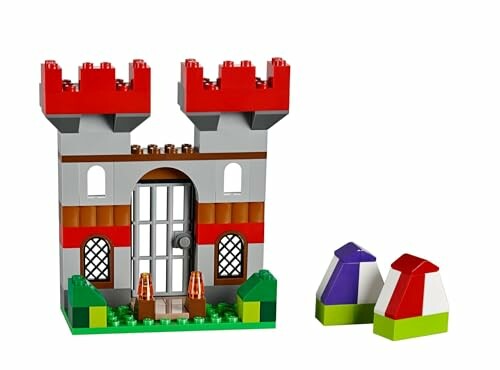 Toy castle made of building blocks with colorful turrets.
