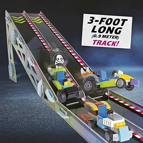 Toy racetrack with colorful cars on a 3-foot long track.