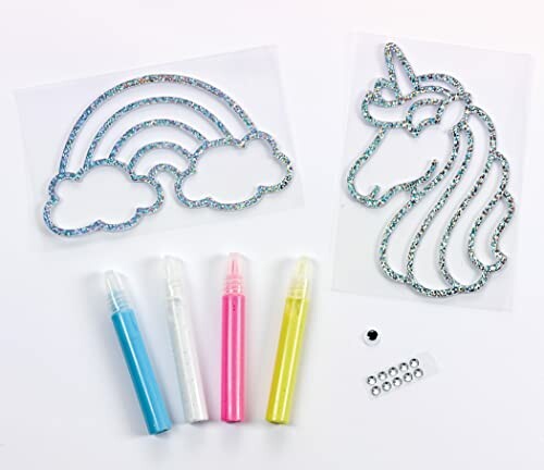 Unicorn and rainbow craft kit with glitter outlines and colored markers.