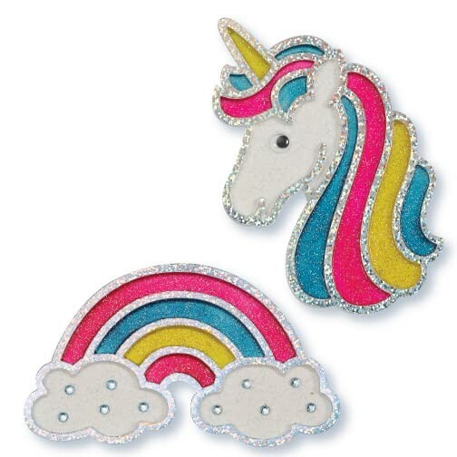 Glittery unicorn head and rainbow with clouds stickers
