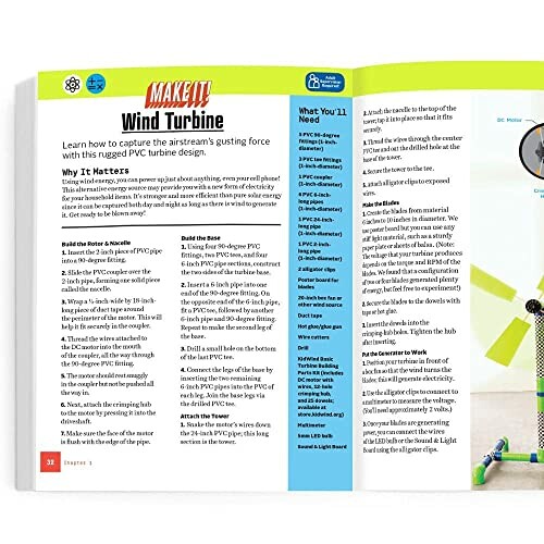 Open book showing instructions for building a wind turbine with PVC pipes.