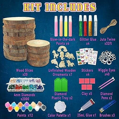 Contents of a wood craft kit including paints, glitter, wood slices, and more.