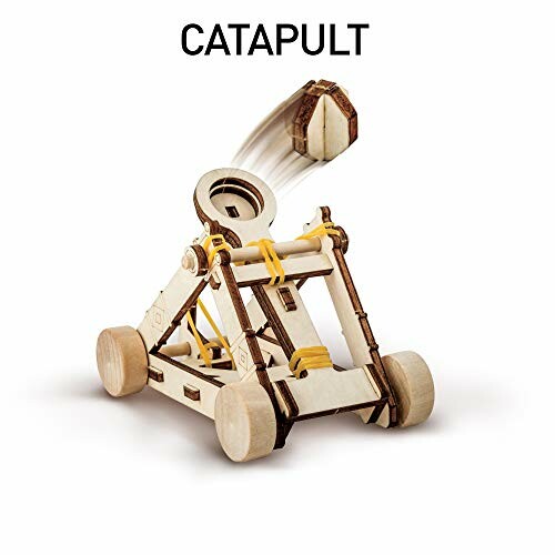Wooden catapult toy launching a projectile.
